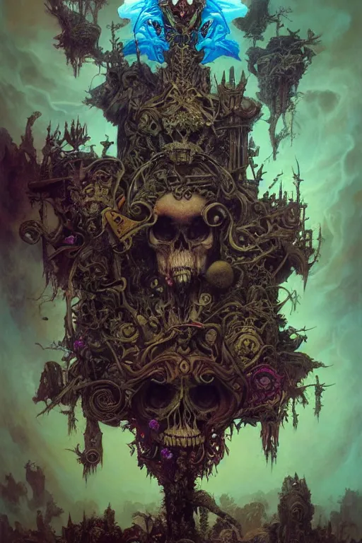 Prompt: evil gigantic biomechanical skull of death, fantasy painting, ultra realistic, wide angle, art nouveau, intricate details, rainbowshift, vivid colors, highly detailed by peter mohrbacher, maxfield parrish, aaron horkey, gaston bussiere, craig mullins