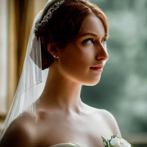 Prompt: close up photo of a beautiful young woman in a wedding dress with Canon 50mm/F1.4, dramatic daylight, downton abbey, bridgerton, 4k, featured on artstation