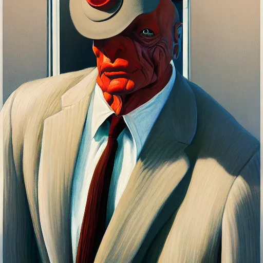 Image similar to Portrait of a man wearing a business suit with Metamorphosis head, very coherent, painted by Edward Hopper, Wayne Barlowe, painted by James Gilleard, airbrush, art by JamesJean