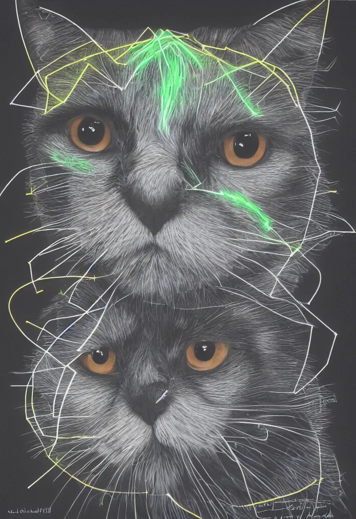 Prompt: cfa champion dark tortie scottish fold cat, stalkimg preyl, data visualization perfect geometry bezier mathematical diagrams hologram overlay revealing sparrows flight trajectory calculation, detailed annotated painting, dark grisaille fluorescent color airbrush spraypaint accents, by jules julien, wes anderson, hannah af klint, t - shirt design 4 k