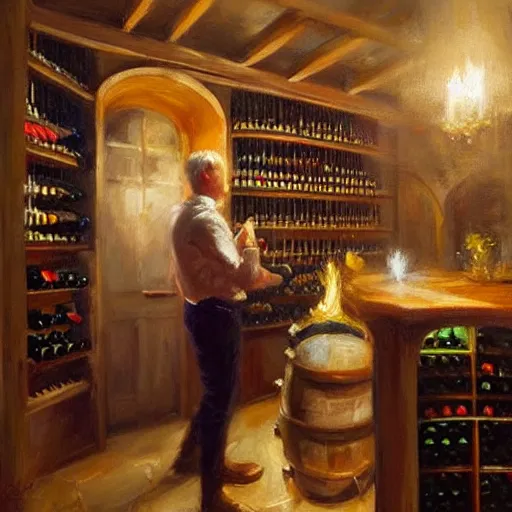 Prompt: wine cellar full of food, torches on the wall, romantic, inviting, cozy, Christian Weston Chandler (Chris Chan), painting Vladimir Volegov