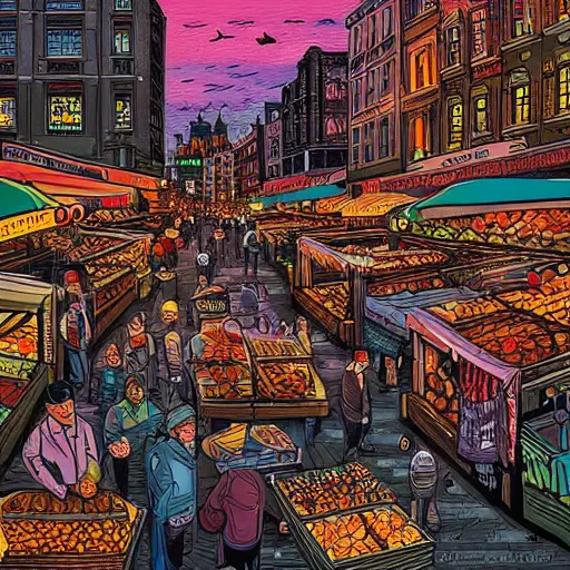 Image similar to busy food market street scene by Dan Mumford and by Dan Witz