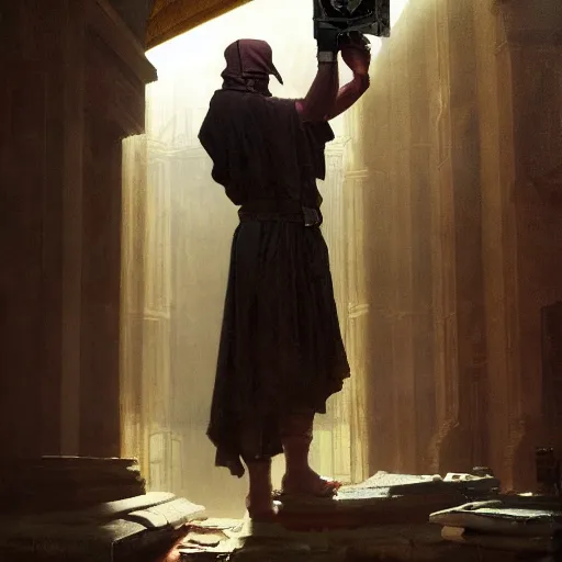 Image similar to half portait of jedi wearing a closed cowl and big old book! chained to the wrist, jeremy mann, jean - leon gerome, tiepolo, alphonse mucha, greg rutkowski, face in the shadows, ( ( ruins of ancient rome ) ), at dusk, mysterious atmosphere, sunrays, dof, high detailed, 8 k