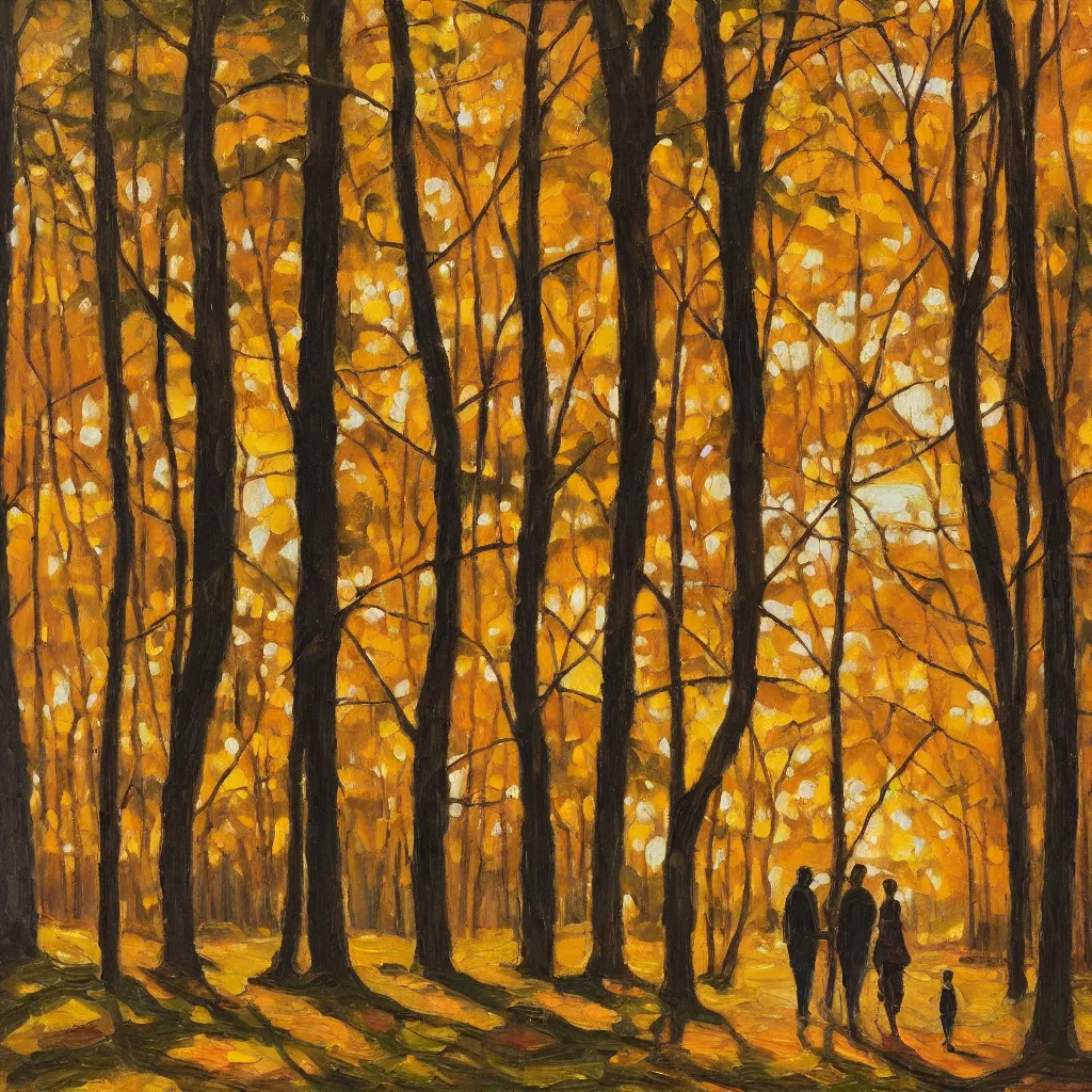 Image similar to modern american realist oil painting of couple walking together in the late afternoon golden hour light in the dense forest of gatineau park in october