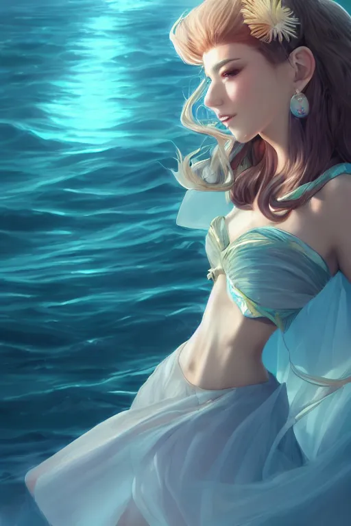 Image similar to a beautiful fashion goddness of love, chic strapless dress, tropical sea background, character design, in the style of artgerm, and wlop, cinematic lighting, hyperdetailed, 8 k realistic, symmetrical, global illumination, radiant light, frostbite 3 engine, cryengine, dof, trending on artstation, digital art