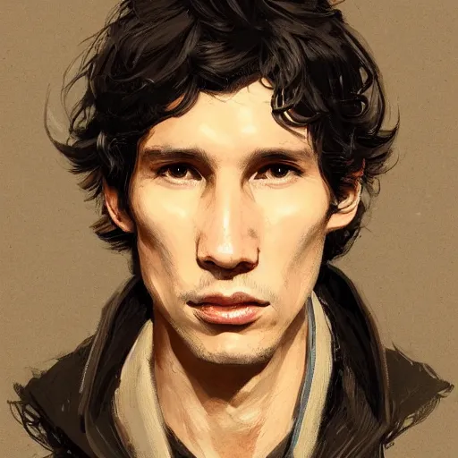 Image similar to portrait of a man by greg rutkowski, ben solo, messy black hair, tall and slender, star wars expanded universe, he is about 3 0 years old, wearing a flying jacket, friendly and trustworthy, highly detailed portrait, digital painting, artstation, concept art, smooth, sharp foccus ilustration, artstation hq