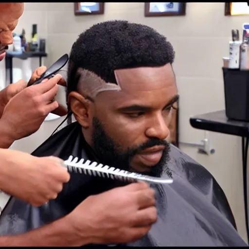 Image similar to predator on barbershop having a nice haircut detailed hd