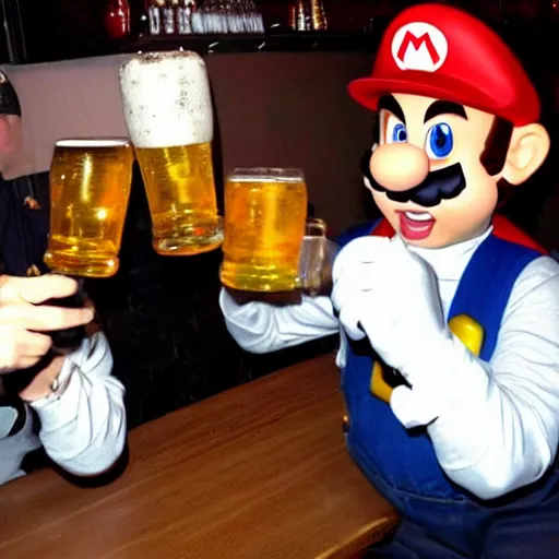 Image similar to super mario chugging a beer and getting drunk at a bar with the boys