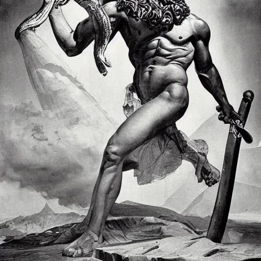 Image similar to bismuth by max dupain, by adolf hiremy - hirschl playful, fine. a digital art of hercules after he has completed one of his twelve labors, the killing of the hydra. he is standing over the dead hydra, covered in blood clutching a sword that slew the beast. his face is expressionless.