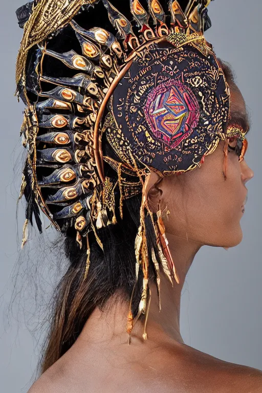 Image similar to ornate cyber tribal headpiece, ritual floral robes, esoteric fasion