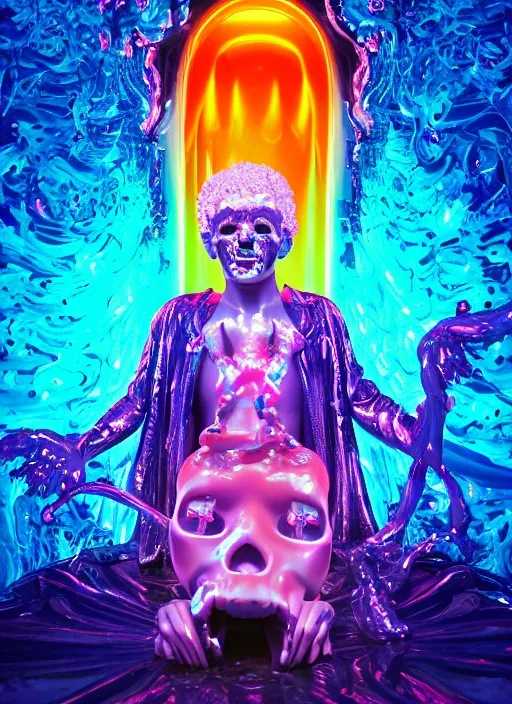 Image similar to photo of fullbodied baroque and bladerunner neon drippy tar sculpture of seductive ceramic albino ceramic prince brian whittaker dotado lavendar iridescent humanoid deity wearing orange plastic fluffy hoody holding diamond skull in a blue alien dungeon, reclining, glowing rainbow face, crown of white diamonds, cinematic lighting, photorealistic, octane render 8 k depth of field 3 d