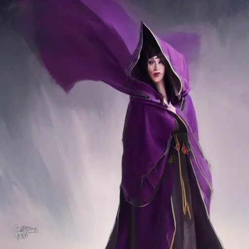 Prompt: female warlock long hood cloak purple, magic powers, powerful face, 8 k, trending on artstation by tooth wu and greg rutkowski