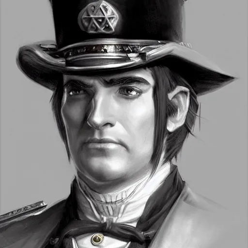 Image similar to a clean shaven confederate general with puffy black sideburns short black hair and a square face, an english man, dnd character art, painting by artgerm and ed binkley, HDR color