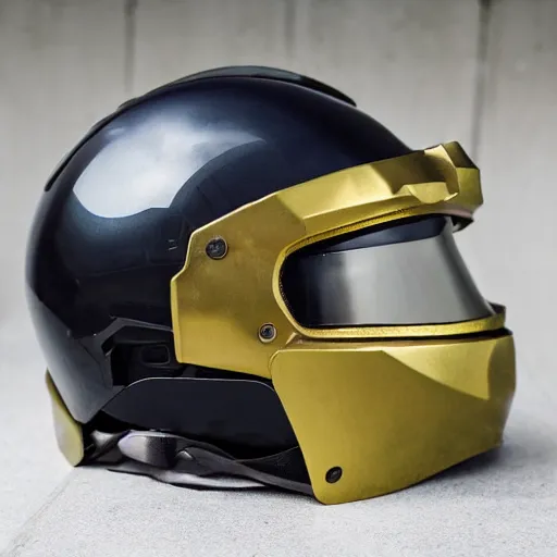 Image similar to Halo spartan helmet, golden visor, reflective