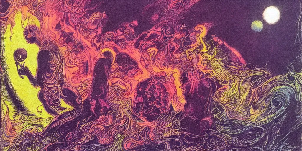 Prompt: dawn of creation ; first atom ; beings of light and darkness ; ethereal plane. bright neon colors. illustrated by maurice sendak and stephen gammell and junji ito