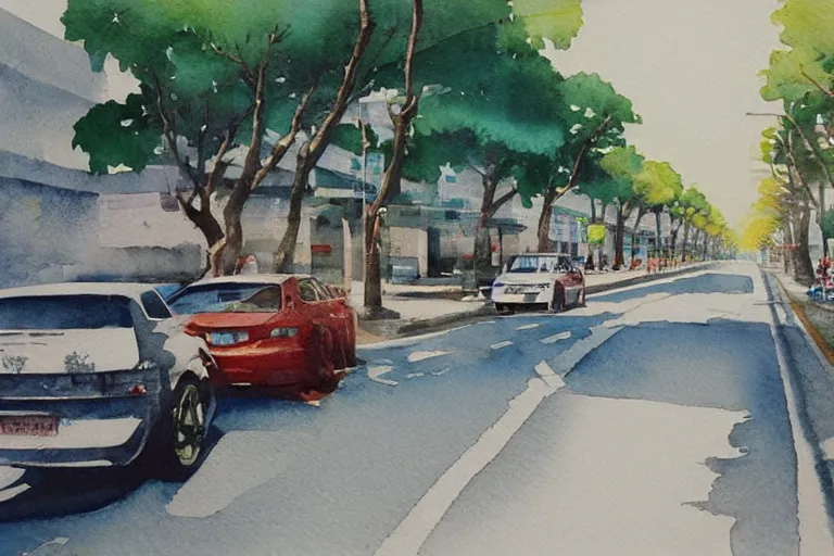 Image similar to !! watercolor!! penang road in a sunny day, artwork by tooth wu, colorful contrast,!! very coherent!!, dark shadow, thick lineart