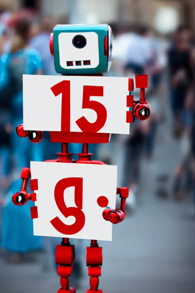 Image similar to cute anthropomorphic robot holding sign saying'1 5 0'