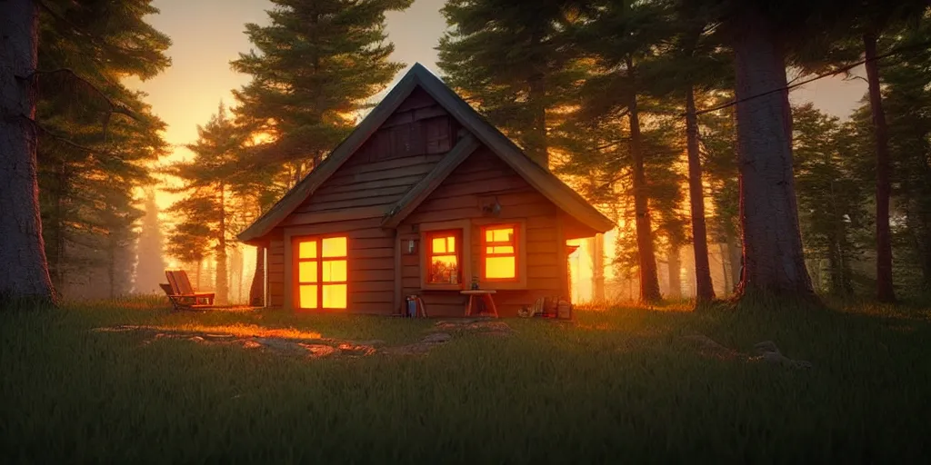 Image similar to a cozy little house in the woods, relaxing, 3 d concept art by scott zenteno, chill, relaxing, peaceful, sunset, extremely detailed art, unreal engine 5, hyper realism