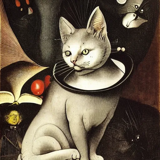 Image similar to stunning portrait of the cat of cheshire faithful to lewis carol's book description by hieronymus bosch