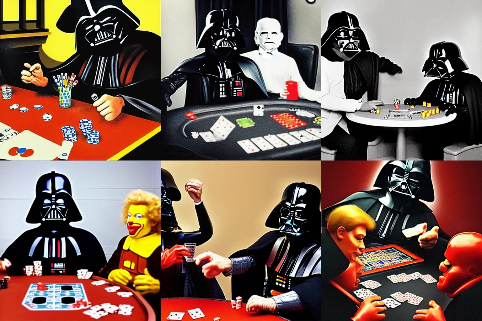 Prompt: darth vader playing poker with ronald mcdonald