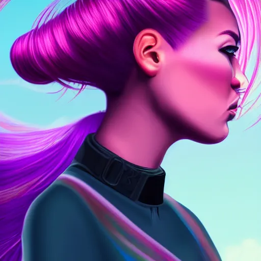 Image similar to a award winning action upper body portrait of a beautiful woman with a ombre purple pink hairstyle with head in motion and hair flying, choker, outrun, vaporware, vivid colors, highly detailed, fine detail, intricate