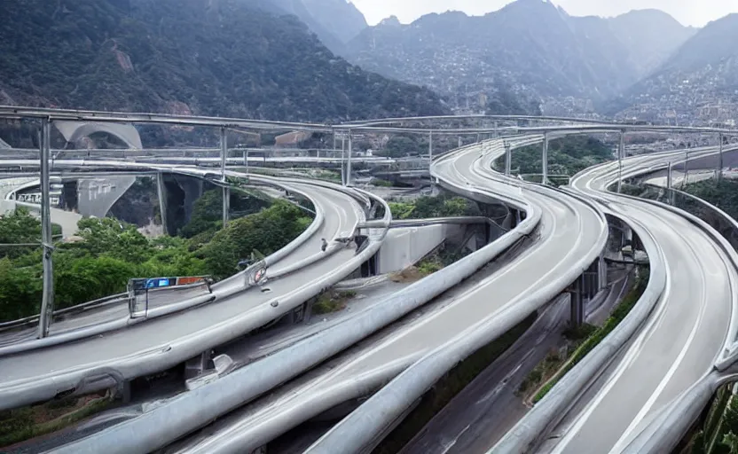 Image similar to valley of chrome, futuristic car driving on elevated highway