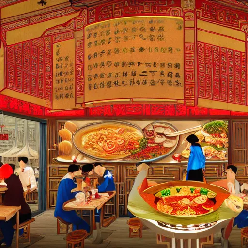 Image similar to a beautiful hyperdetailed interior 4 k hd wallpaper illustration of roasted string hotpot restaurant restaurant yan'an, wall painting, from china, with merchant logo, people are eating kebabs, fine delicate structure, surrealistic, chinese style, victo ngai