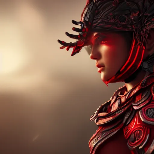 Prompt: female druid wearing red and black colored armor, extreme detail, octane render, trending on artstation, 4 k, medium shot, fantasy character, asymmetrical, bokeh, volumetric backlighting.