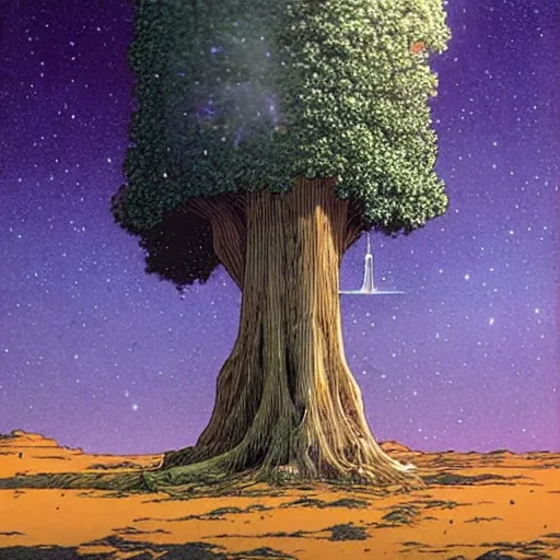 Prompt: a large tree growing from a crystal floating in space, by moebius