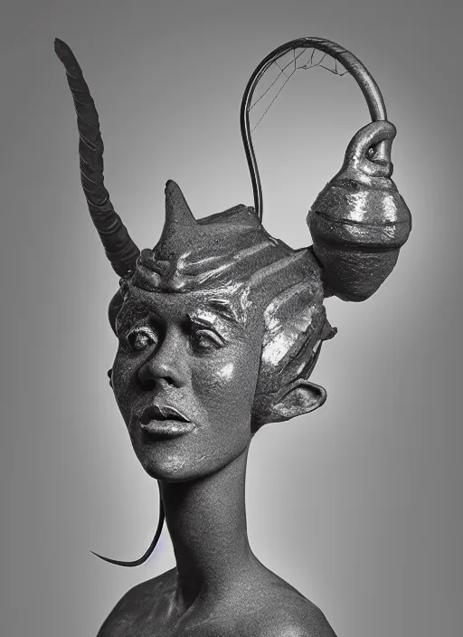 Image similar to stylised bust sculpture of an female Angler Fish, beautiful studio lighting