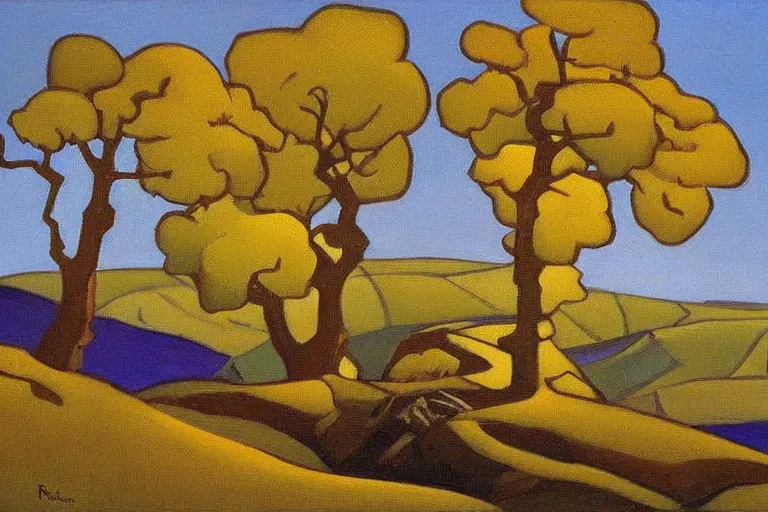 Image similar to masterpiece painting of oak trees on a hillside overlooking a creek, dramatic lighting, by nicholas roerich