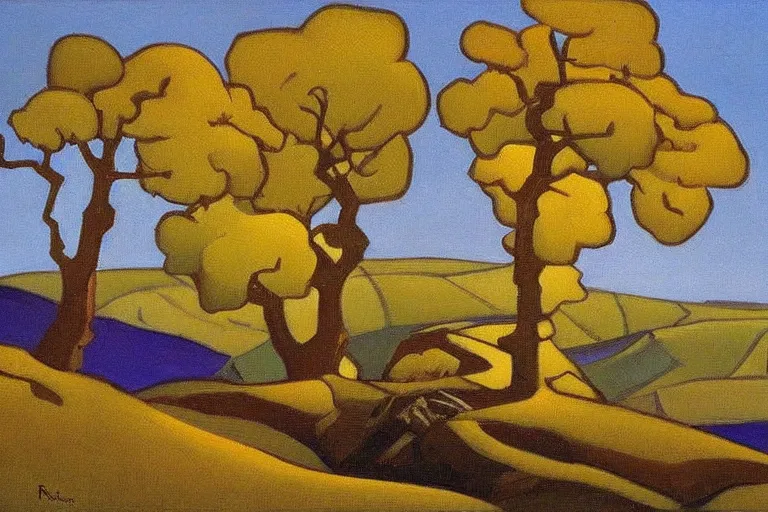 Prompt: masterpiece painting of oak trees on a hillside overlooking a creek, dramatic lighting, by nicholas roerich