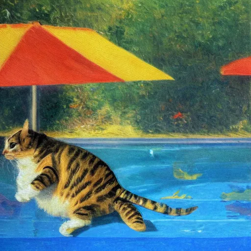 Prompt: painting of cat playing with a turtle in a swimming pool, impressionism, 8k, rule of thirds