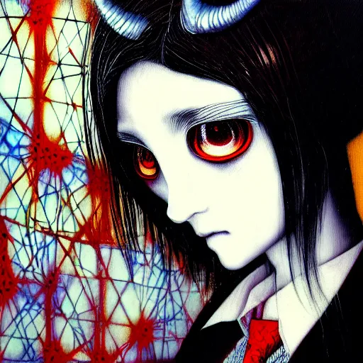 Image similar to yoshitaka amano blurred and dreamy realistic three quarter angle horror portrait of a sinister young woman with short hair, horns and red eyes wearing office suit with tie, junji ito abstract patterns in the background, satoshi kon anime, noisy film grain effect, highly detailed, renaissance oil painting, weird portrait angle, blurred lost edges