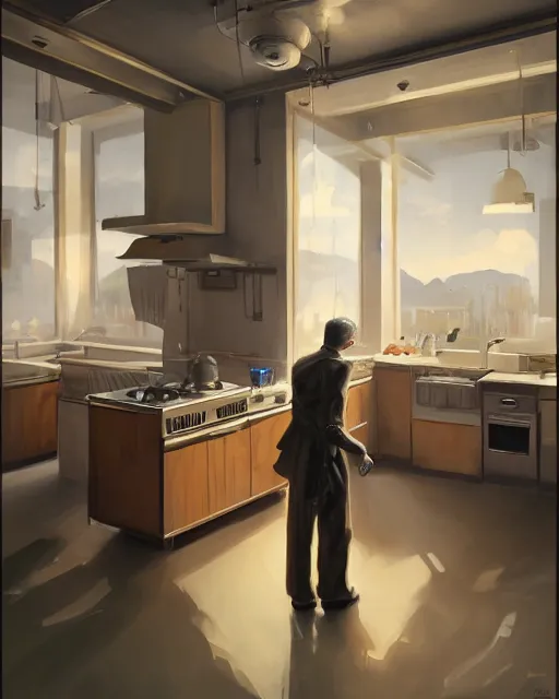 Prompt: kitchen of the 50's in the style of hajime sorayama, volumetric lighting, back lighting, rimlight, dramatic lighting, digital painting, highly detailed, artstation, sharp focus, illustration, Artgerm, Jean-Léon Gérôme , ruan jia