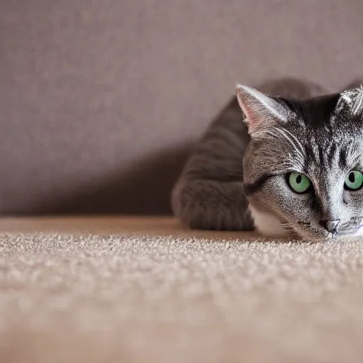 Prompt: gray cat stretching on beige carpet