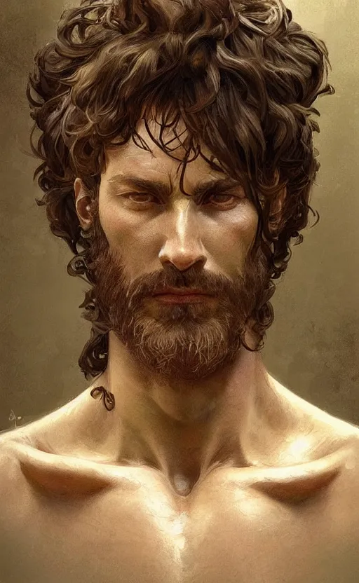 Image similar to portrait of the god of the forest, 30 years old, rugged, male, gorgeous, detailed face, amazing, thighs!!!!!!, muscular, intricate, highly detailed, digital painting, artstation, concept art, sharp focus, illustration, art by greg rutkowski and alphonse mucha