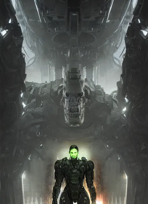 Image similar to mark sinclair as victor stone, full body concept, cyborg, borg, strogg, face of a man, terminator, flesh, quake strogg, doom demon, wolfenstein, monstrous, powerful, symmetry, symmetrical, concept art by ruan jia and greg rutkowski