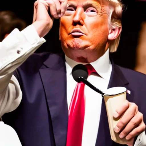 Prompt: donald trump drinking root beer infront of an audience, photography