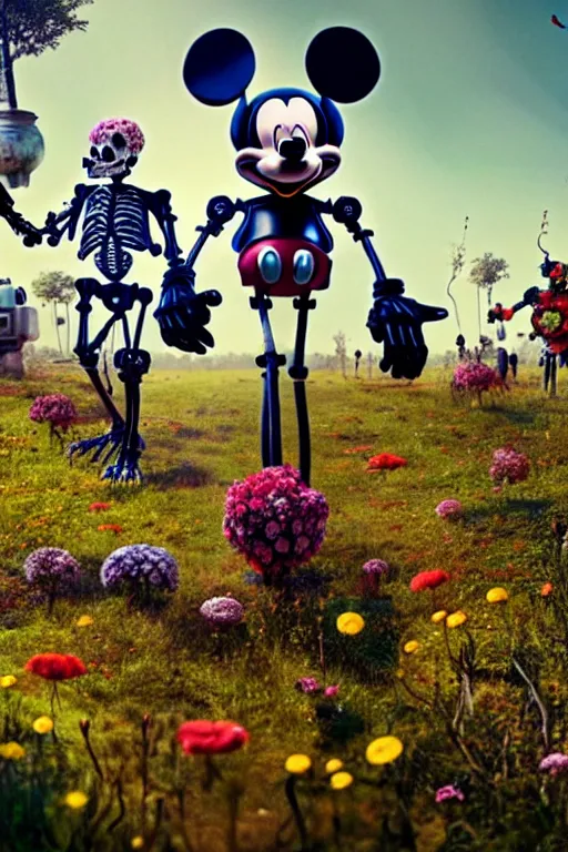 Prompt: a skeletal, mickey mouse made out of flowers and bones, walking with a robot, in the cyberpunk countryside by beeple, nychos and arcimboldo, highly detailed octane render