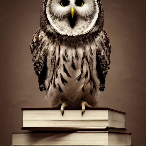 Image similar to long shot of a cute friendly owl sitting on a pile of books, by naoto hatori, by yoshita amano, by esao andrews, product photography, hyperrealistic, big depth of field, fresh colors, 3 d octane render conceptart, 4 k, highly detailed, trending on artstation