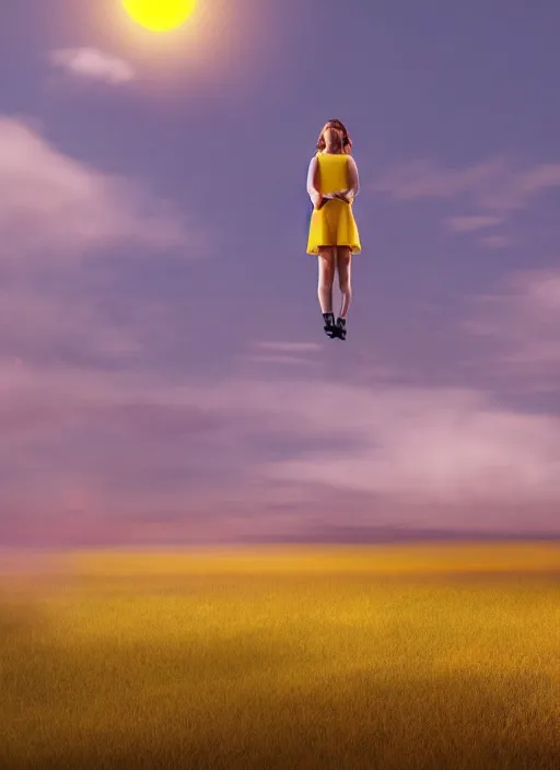 Image similar to a yellow landscape with houses, big red orb in the sky, behind the landscape, a girl levitating above the landscape by miraruido, volumetric lighting, 8 k