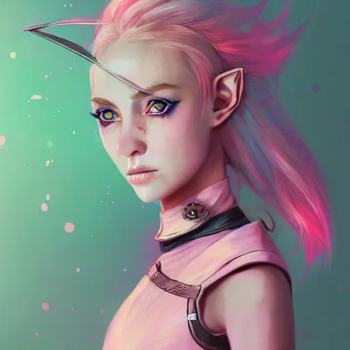 Prompt: girl elf portrait, elven warrior princess, head and shoulders, matte print, pastel pink, neon highlights, digital art, cute freckles, digital painting, fan art, elegant, pixiv, by Ilya Kuvshinov, daily deviation, IAMAG