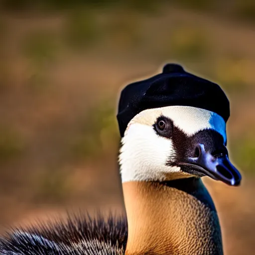 Prompt: Canadian Goose with a funny hat, Portrait Photo, Out of focus