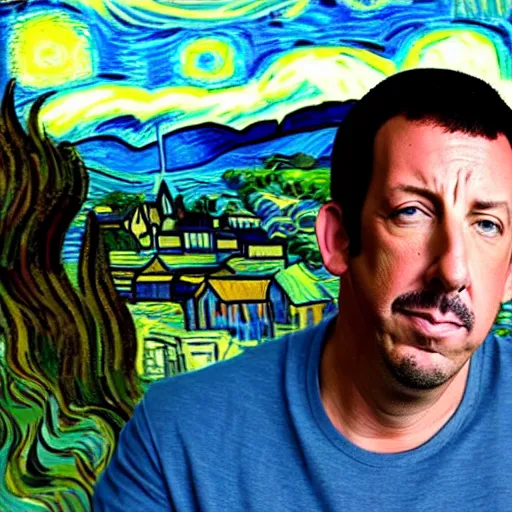 Image similar to adam sandler in a van gogh painting, 4 k, hyper realistic, dslr, high resolution, landscape, beautiful