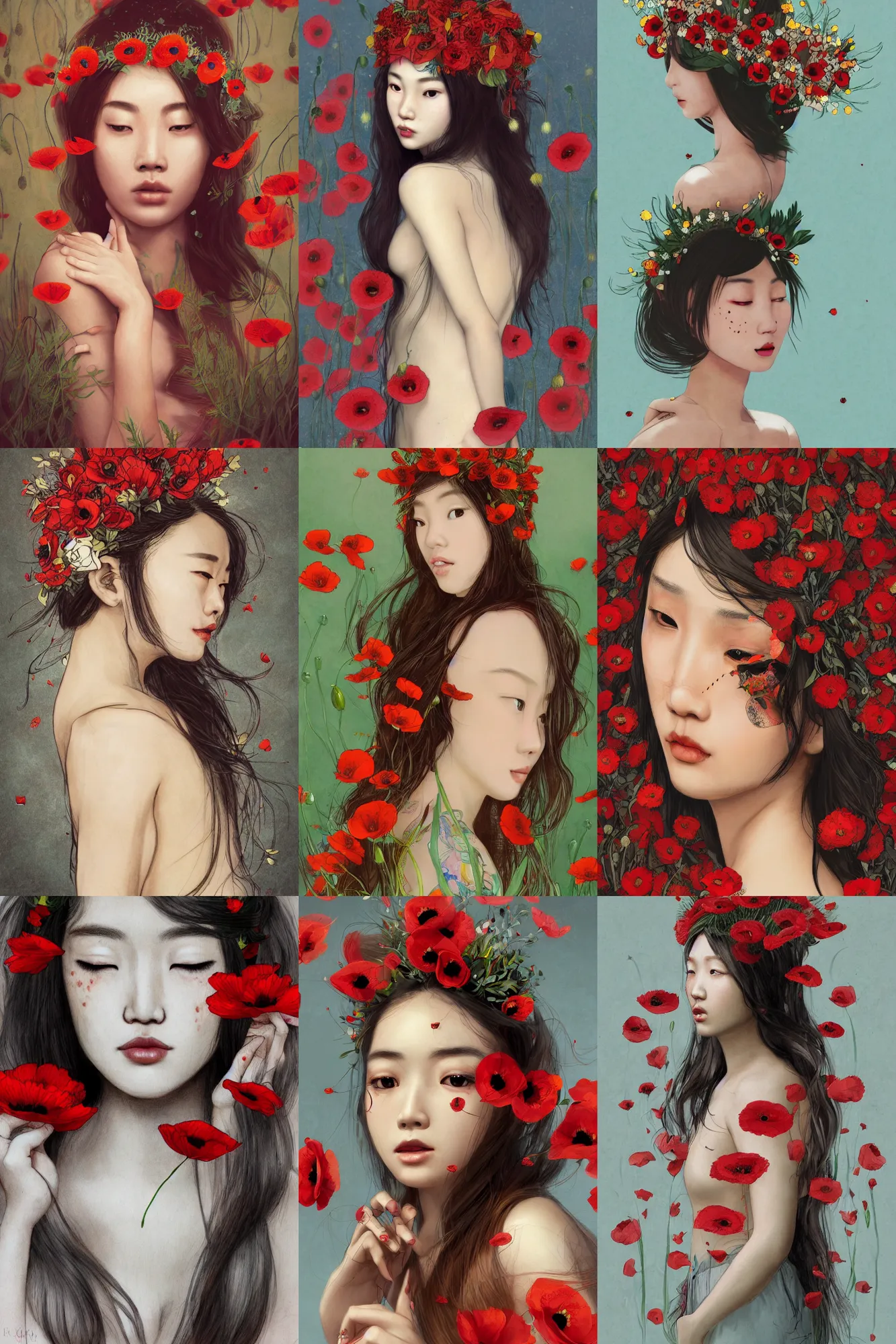 Vintage style portrait of beautiful asian girl with fancy makeup and red  flowers around face Stock Photo