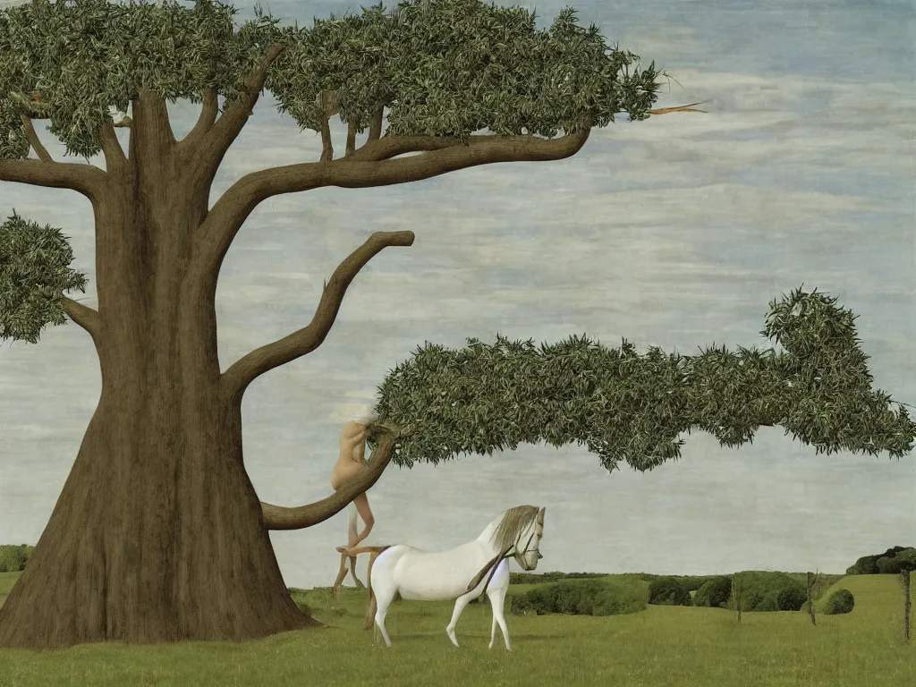 Prompt: Horse embracing a tree. River crossing, giant thorns, long shadows. Painting by Alex Colville, Piero della Francesca