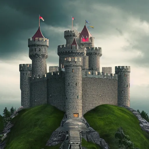 Prompt: Giant castle surrounded by an army while king looks on from top, overhead perspective, cloudy and rainy day, 4k digital art