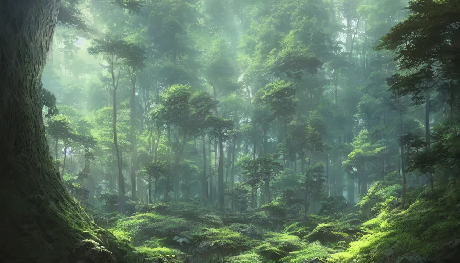 Image similar to A highly detailed matte painting of a dense forest by Mokoto Shinkai, hyperrealistic, breathtaking, beautiful composition, by Artgerm, by beeple, by Studio Ghibli, volumetric lighting, unreal 5 render, detailed, oil painting, 4K resolution, trending on artstation