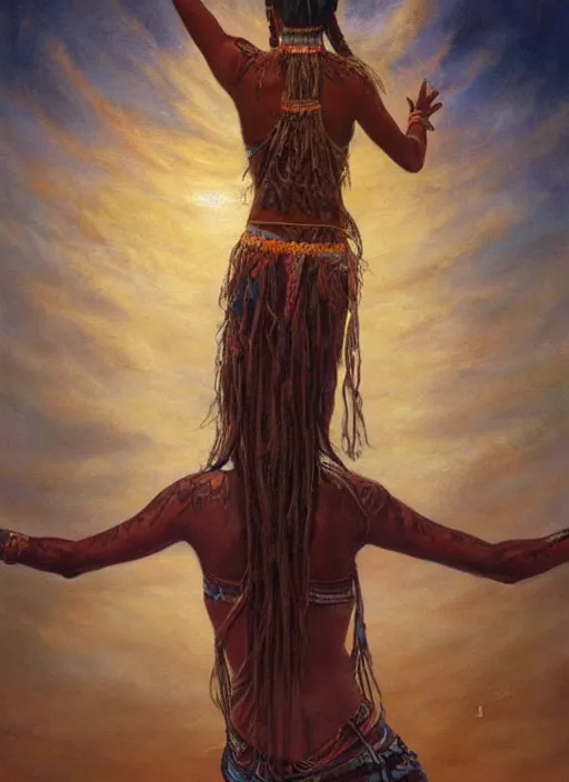 Prompt: a beautiful painting of an indigenous woman seen from behind, holding up her arms to the sky, full body, matte painting, fantasy art, ayahuasca, highly detailed